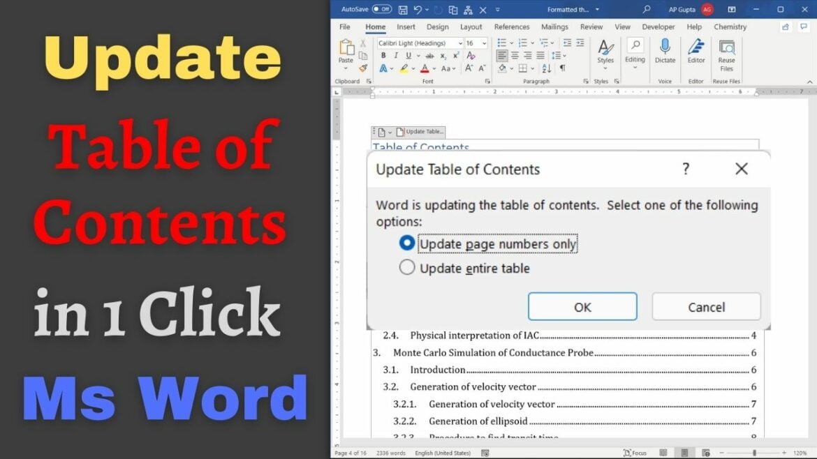 How to update table of contents in Ms Word with 1 click