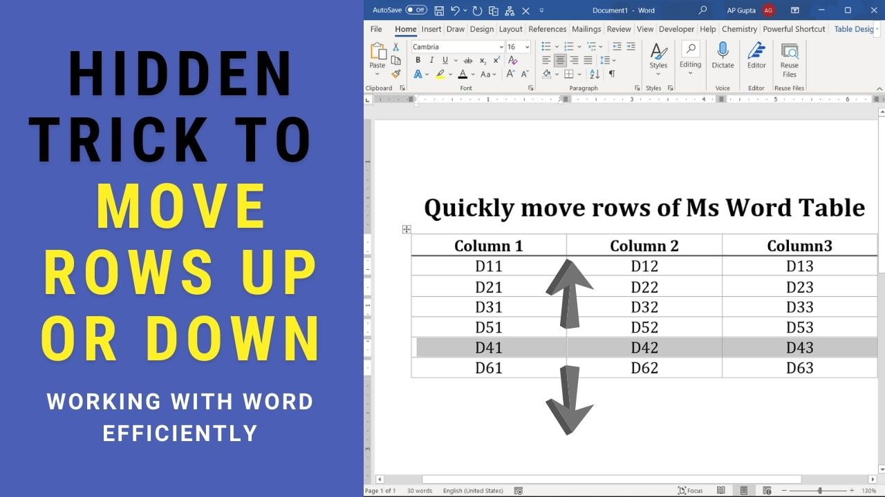 Word shortcut to move row up and down