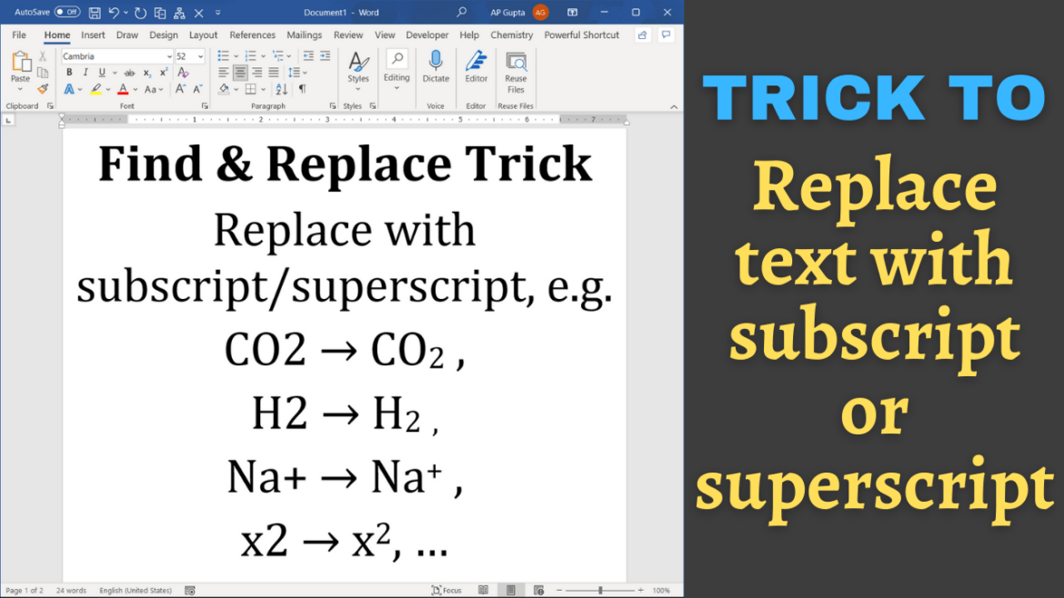 how to replace text with subscript or superscript