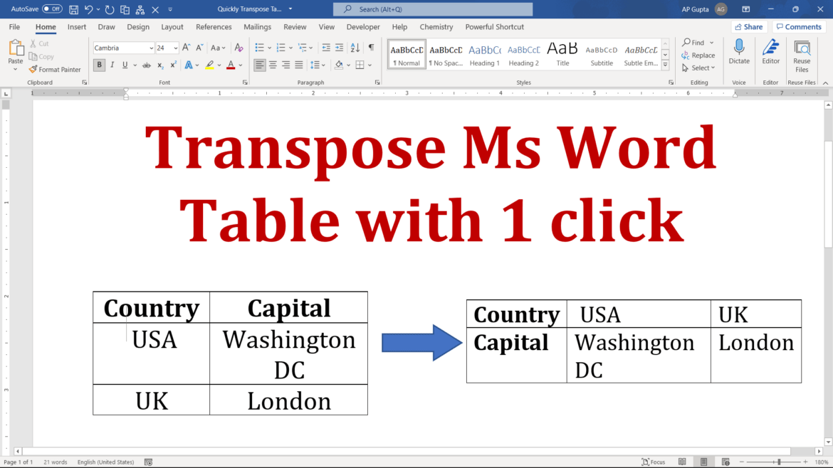 Transpose table in Ms Word with 1 click