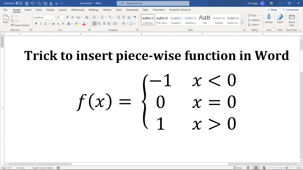 How to insert piece-wise function in Ms Word