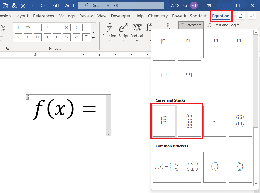 Insert piecewise function in Ms Word