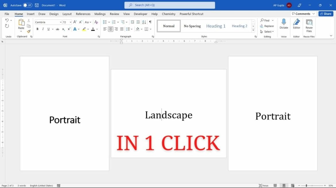 1 click to make one page landscape in Ms Word [solved]