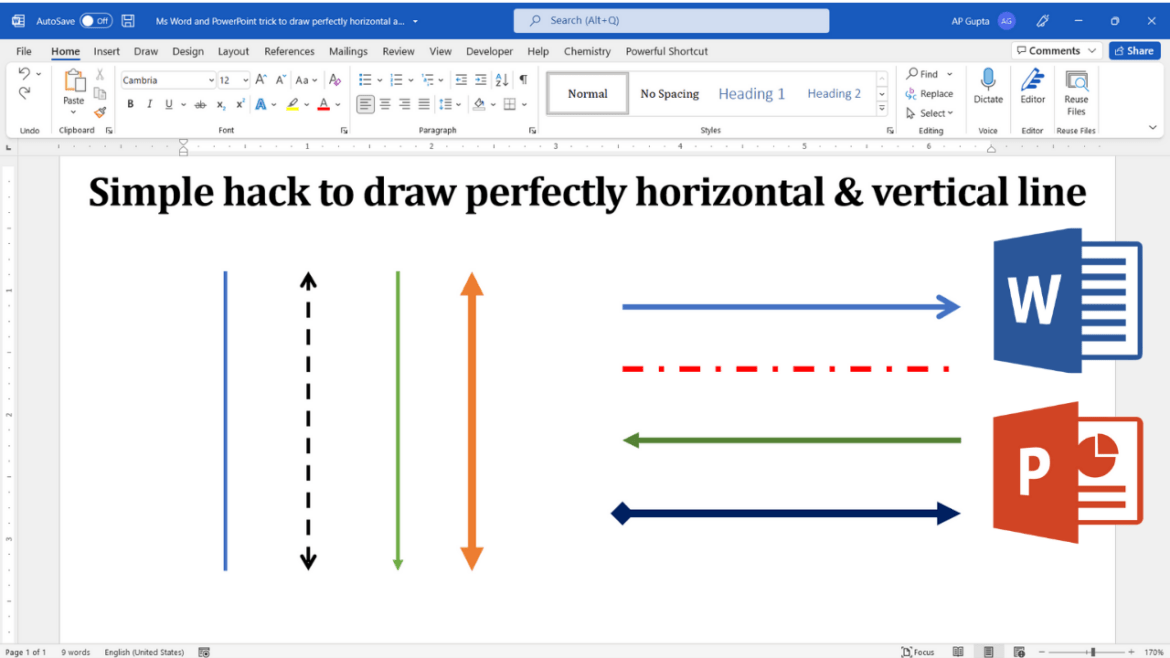 Ms Word and PowerPoint hack to draw perfectly horizontal and vertical line
