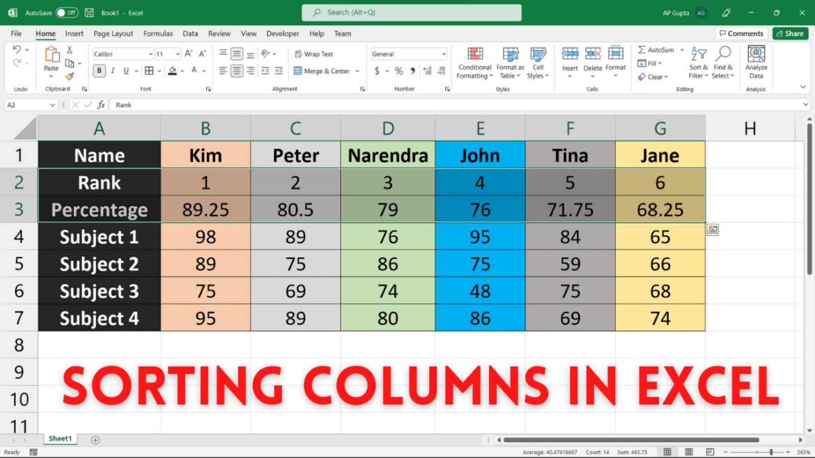 How to sort columns in Excel