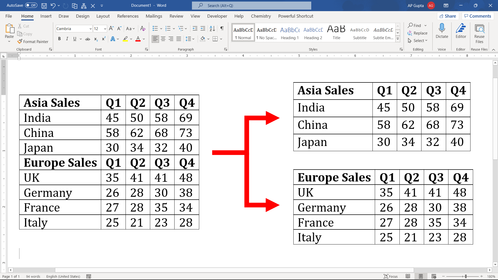 2 ways to split table in Ms Word