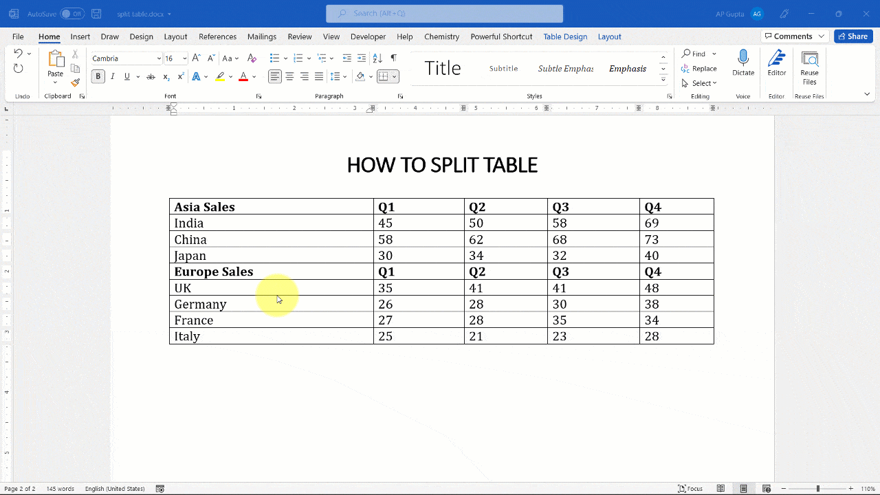 split table in Ms Word