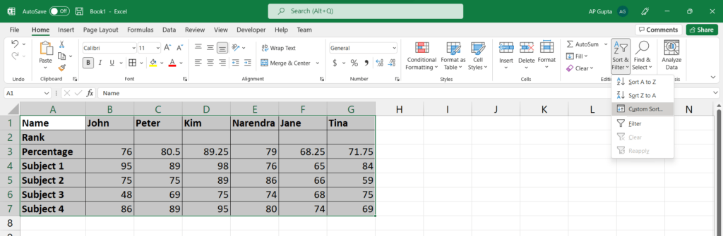 Sorting data in Excel