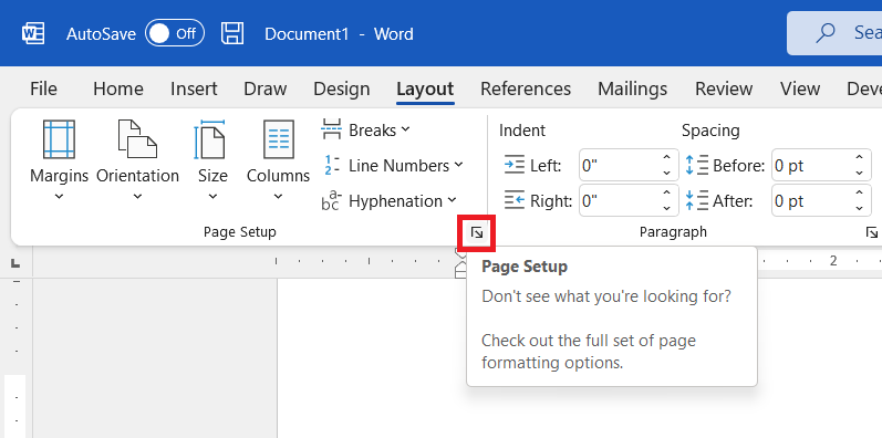 Open advance page setup options in Ms Word