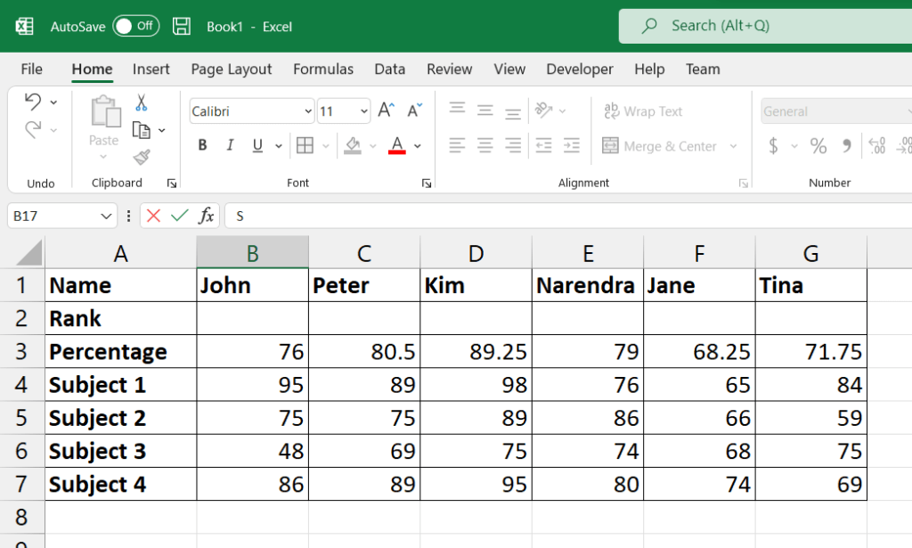 Sample Excel data for sorting columns