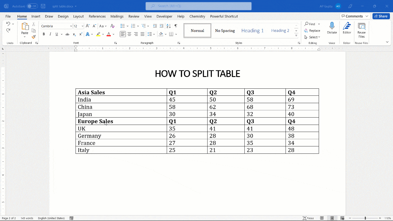 Keyboard shortcut to split table in Ms Word