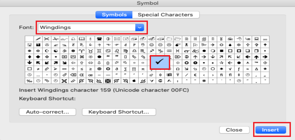 tick mark symbol in Symbols