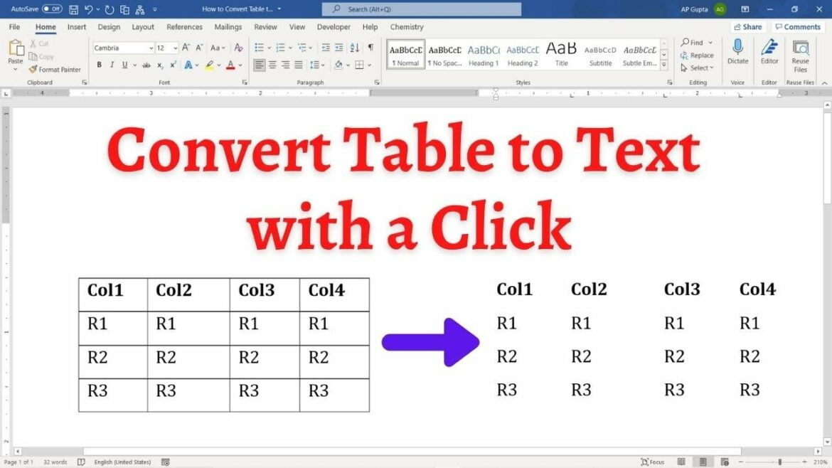 Simple trick to convert Table to Text in Ms Word (for PC & MAC)