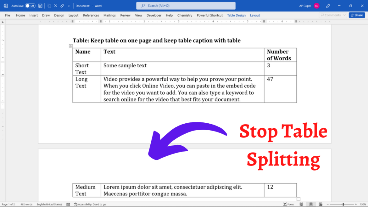 Trick to keep entire table on one page in Ms Word