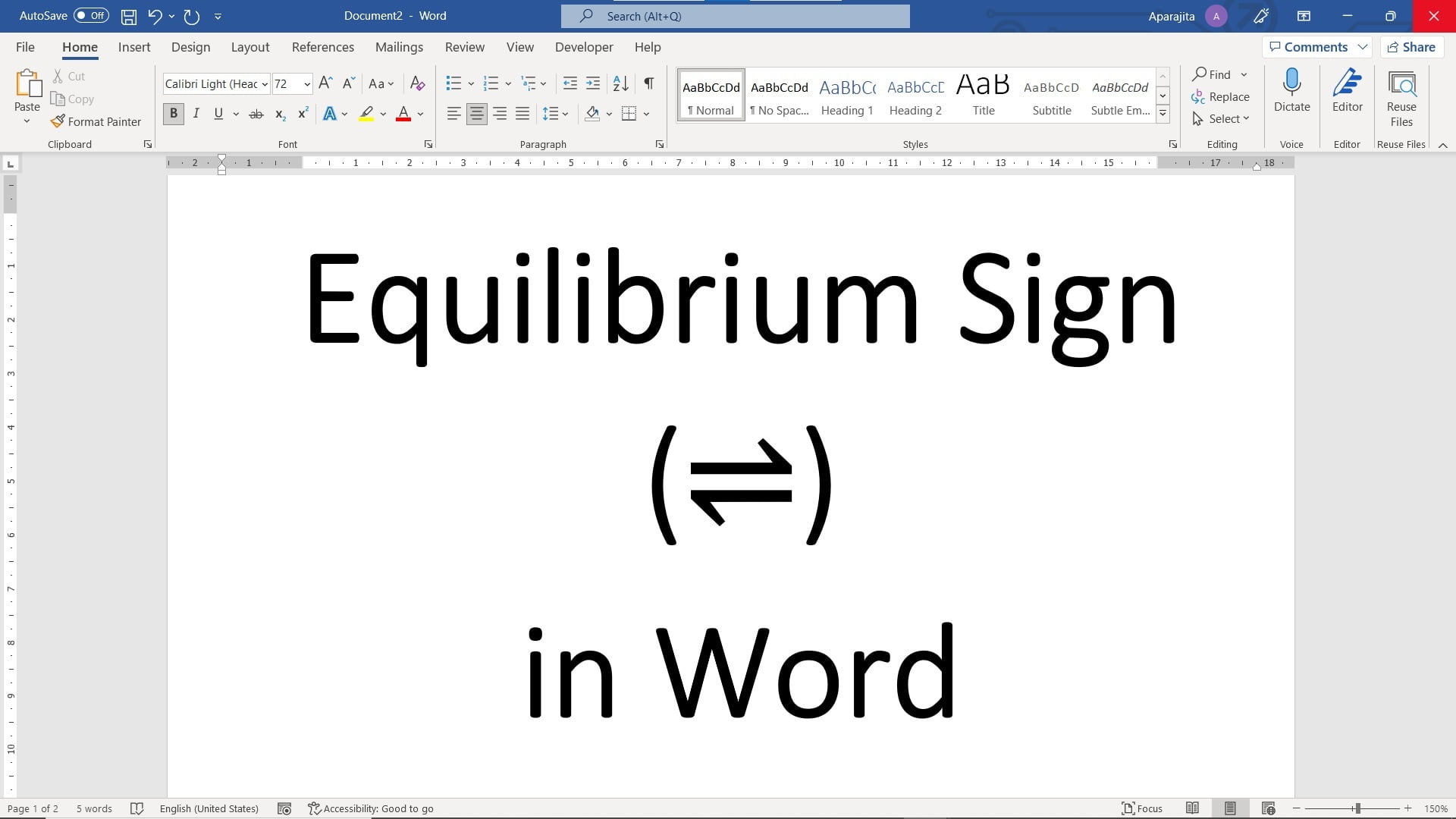 Equilibrium sign in Word