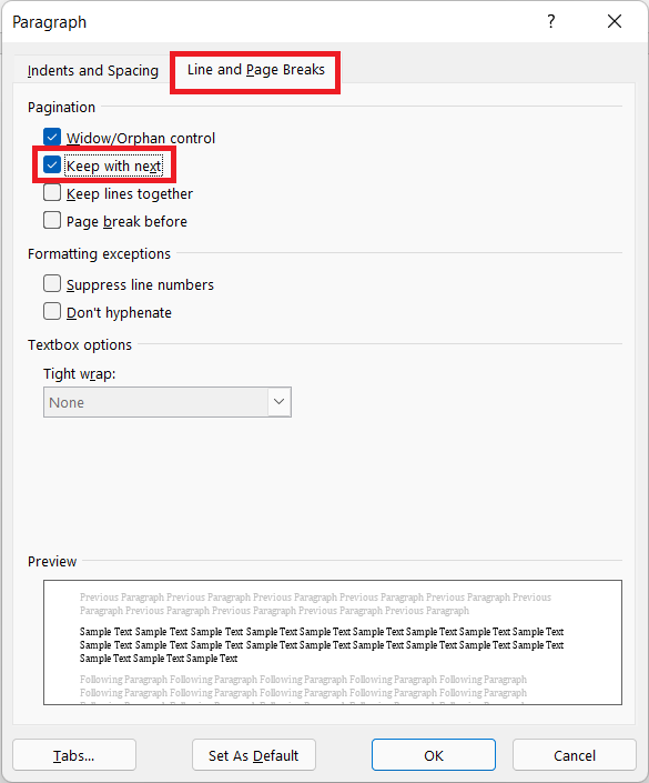 Settings to keep table on one page