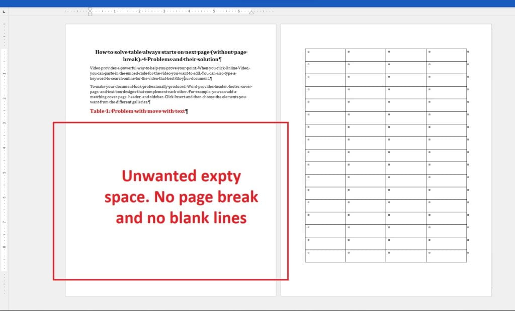Table jumping to next page without a page break and blank lines