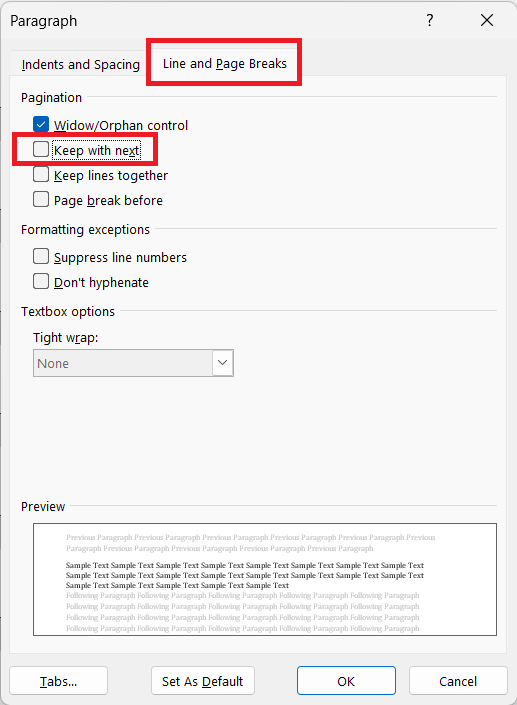 Disable "keep with next" option of paragraph setting