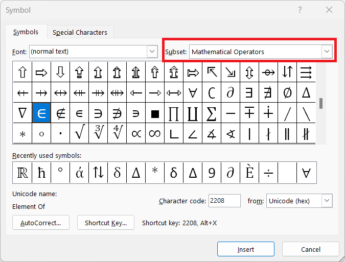 set symbols in Ms Word