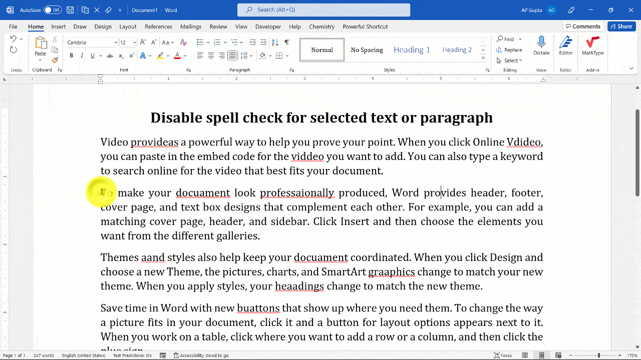 Step by step way to disable spell check for paragraph in Word