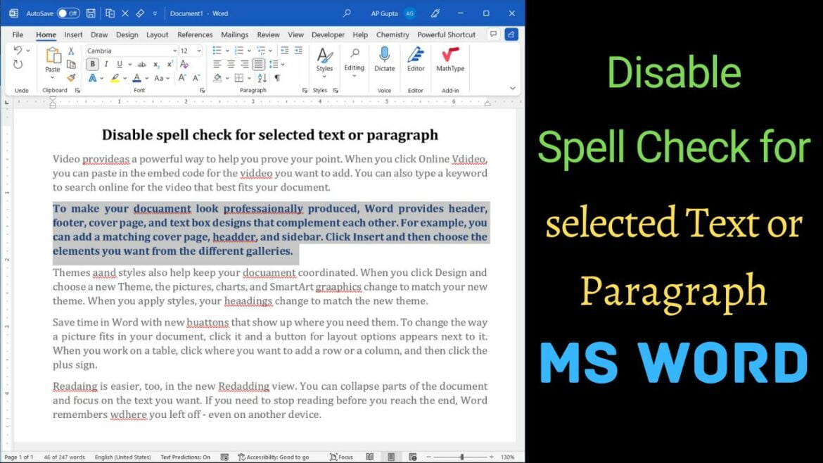 Disable spell check for paragraph or text in Ms Word [2022]