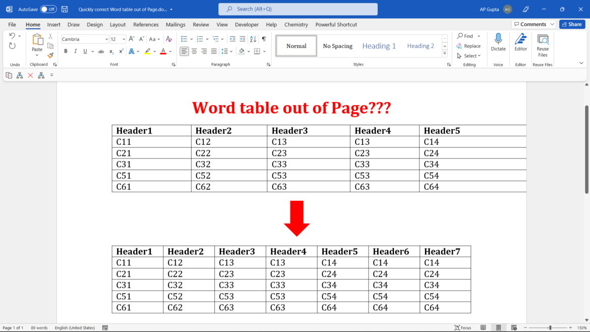 Bring back Ms Word table from outside margin