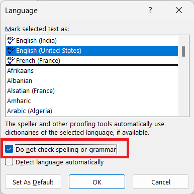 Ms Word option to disable spell check