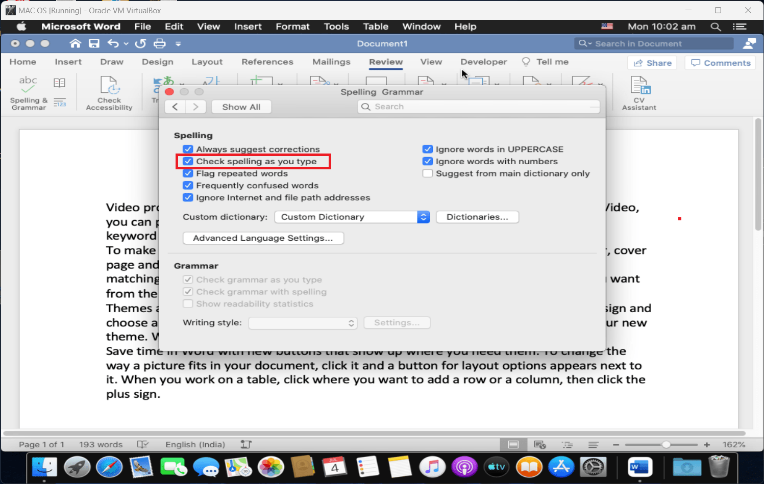 check spelling error as you type in Ms Word (Mac)