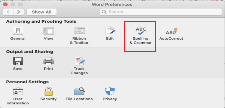Spelling and grammar option in Ms Word (Mac)