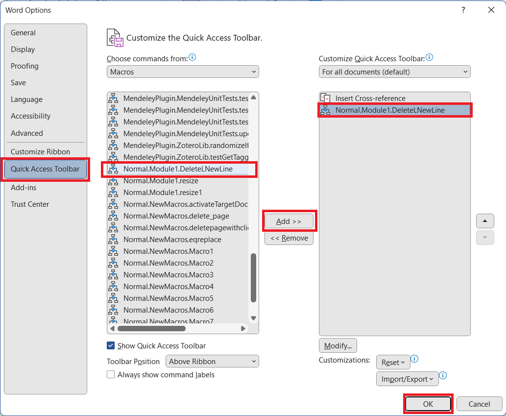 add macro to quick access tool bar