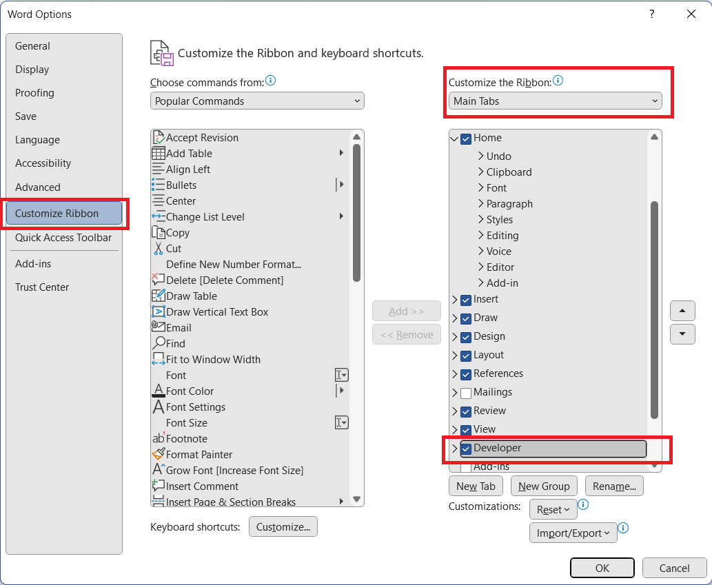 add developer tab in Ms Word