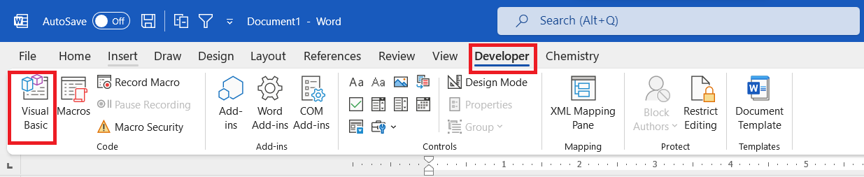 Visual basic in developer tab
