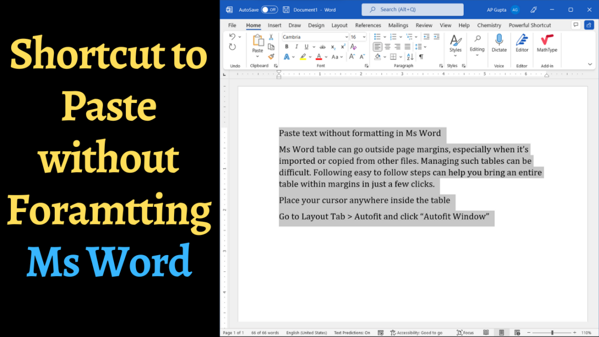 Shortcut to paste text without formatting in Ms Word
