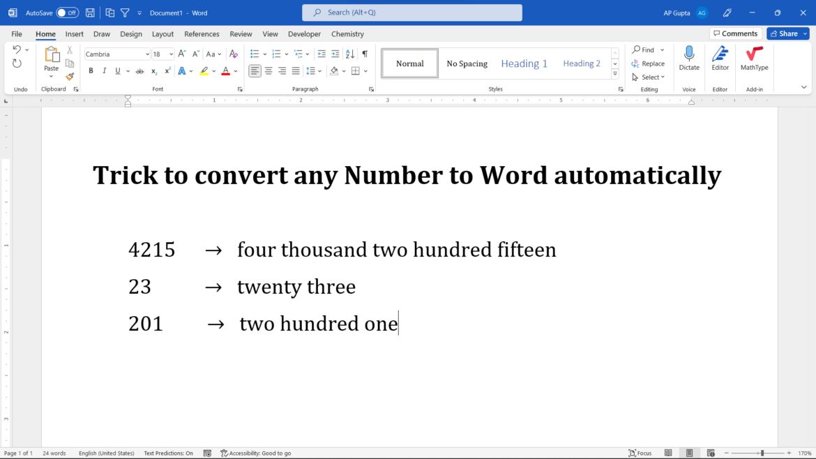 Shortcut to convert number to text in Ms Word (Windows and Mac)