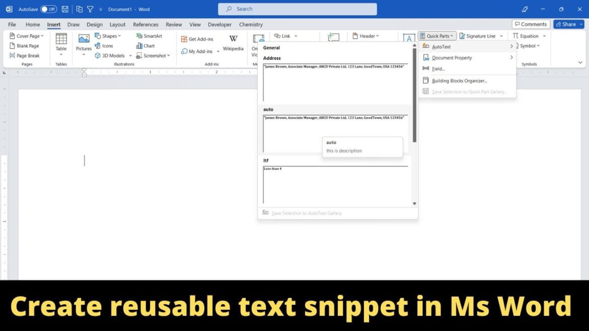 Create reusable text snippets in Ms Word with Auto Text (Windows & Mac)