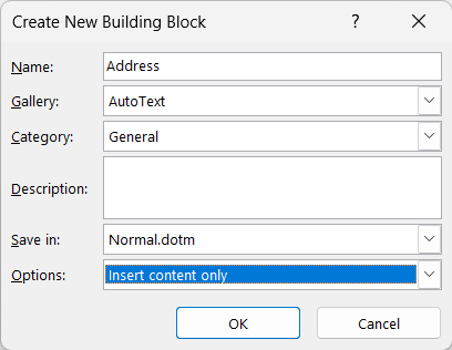 settings of new auto text block