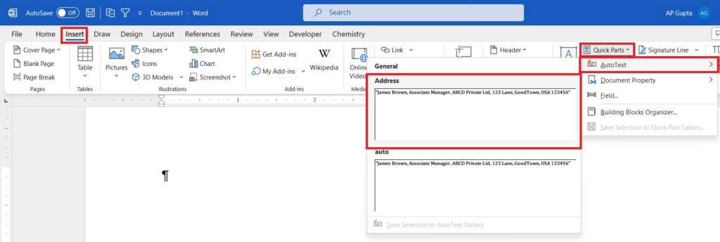 insert auto text entry in Ms Word using GUI