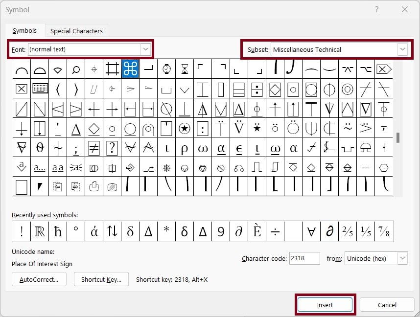 insert mac command symbol in word