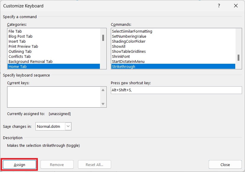 assign custom shortcut key to strikethrough