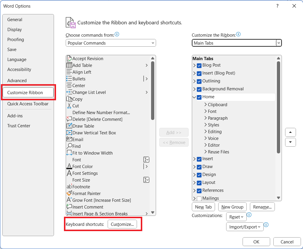 custom shortcut in Ms Word