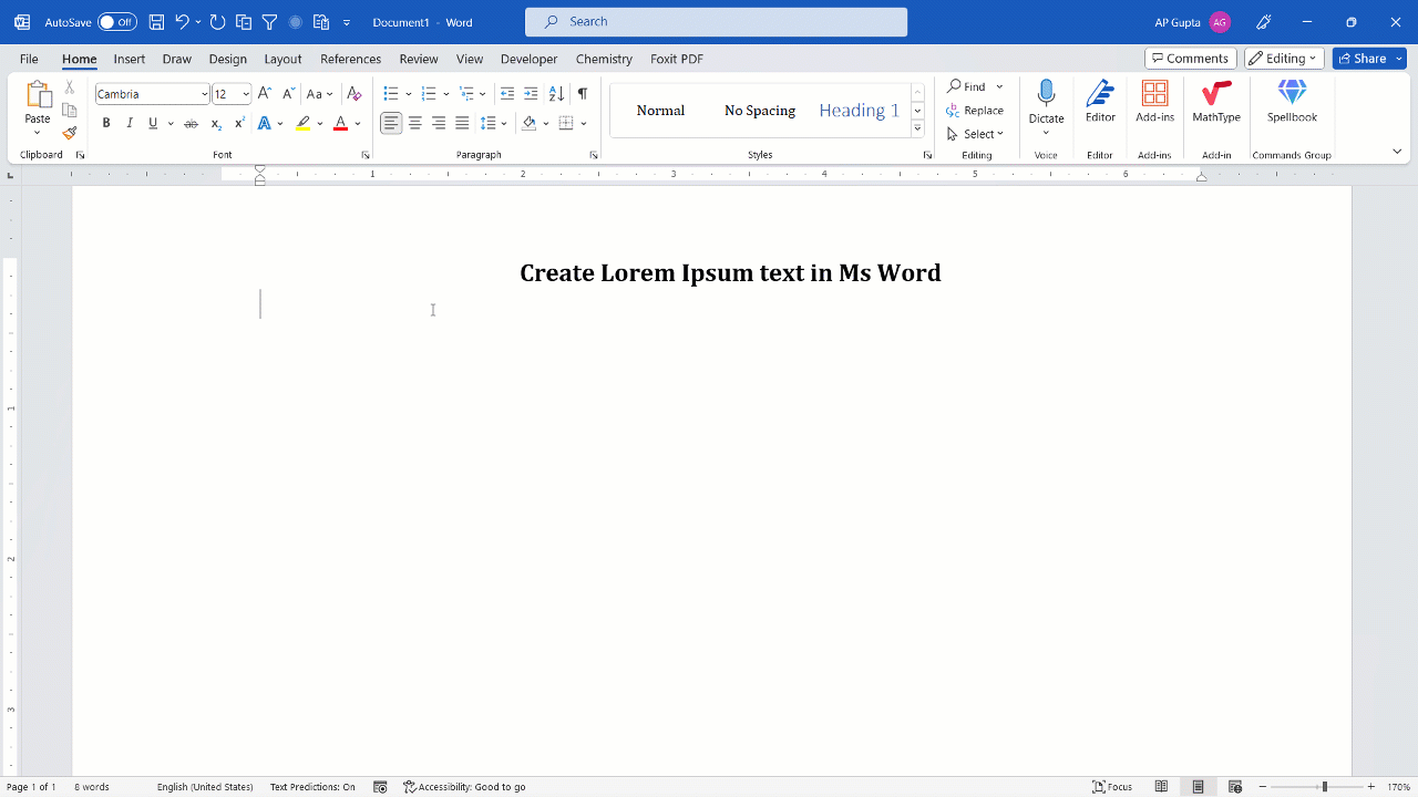 Trick to get lorem ipsum text in Ms Word