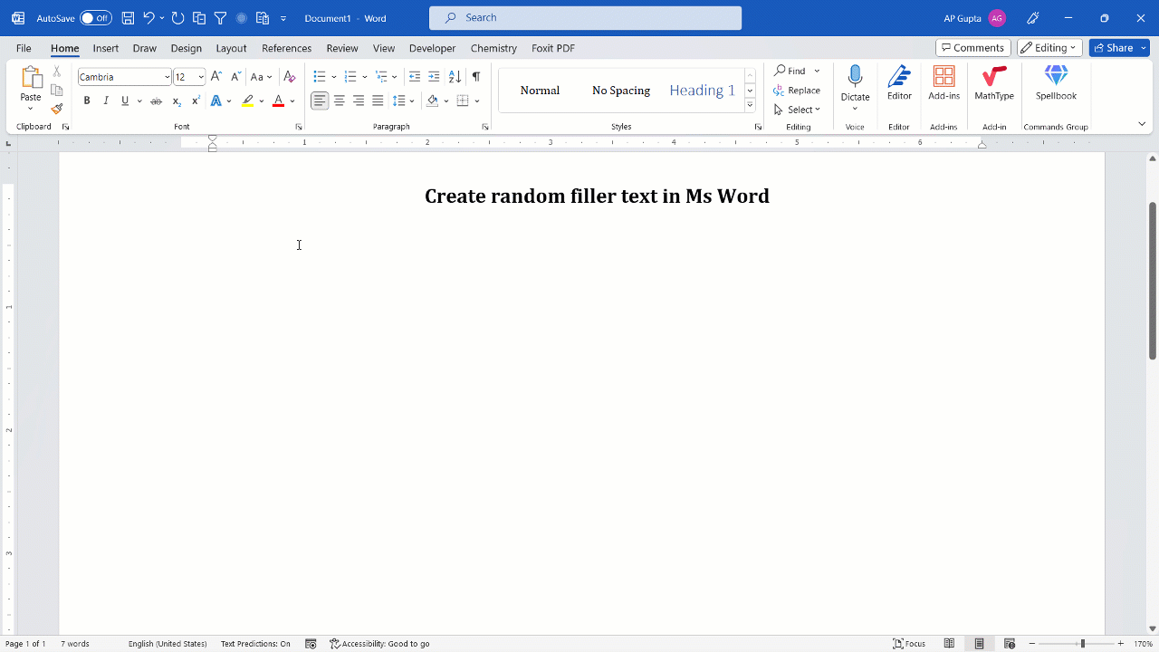 Trick to get random text in Ms Word