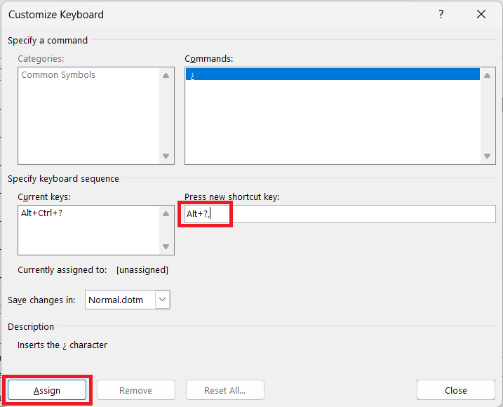 Assign keyboard shortcut