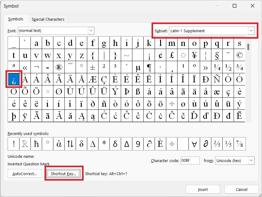 custom create shortcut for inverted question mark