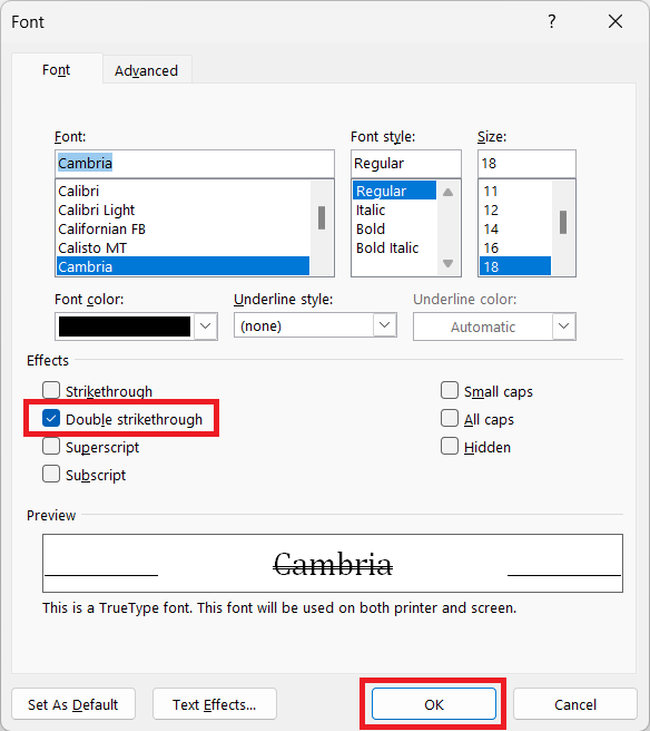 double strikethrough text in MS Word