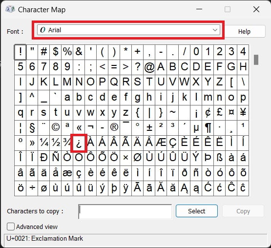 inverted question mark in Character Map