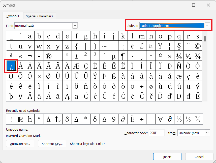 inverted symbol in Word