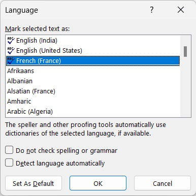 list of languages for spell check in Ms Word