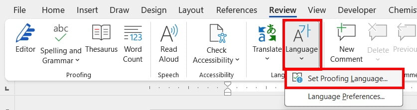 set language for spell check in Word