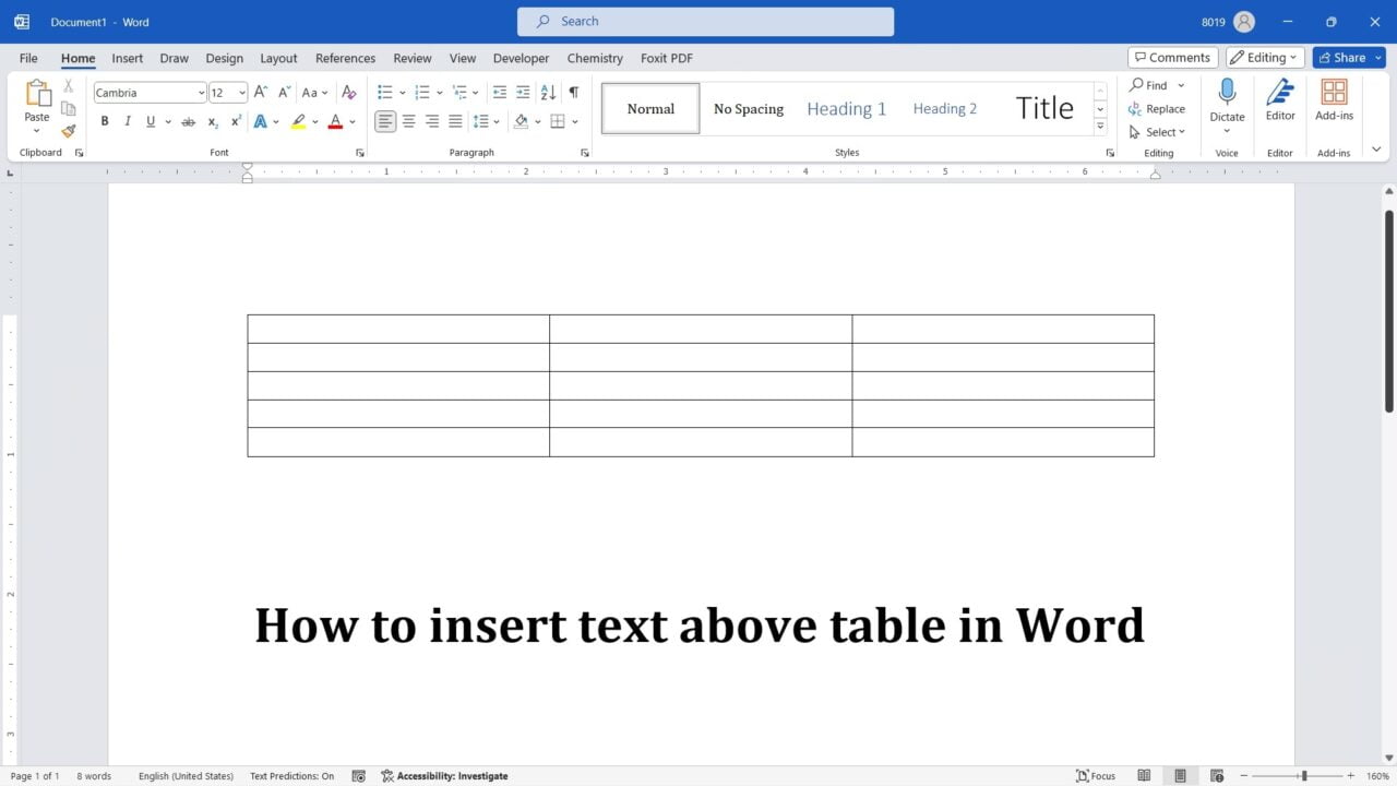 How to insert text above table in Ms Word